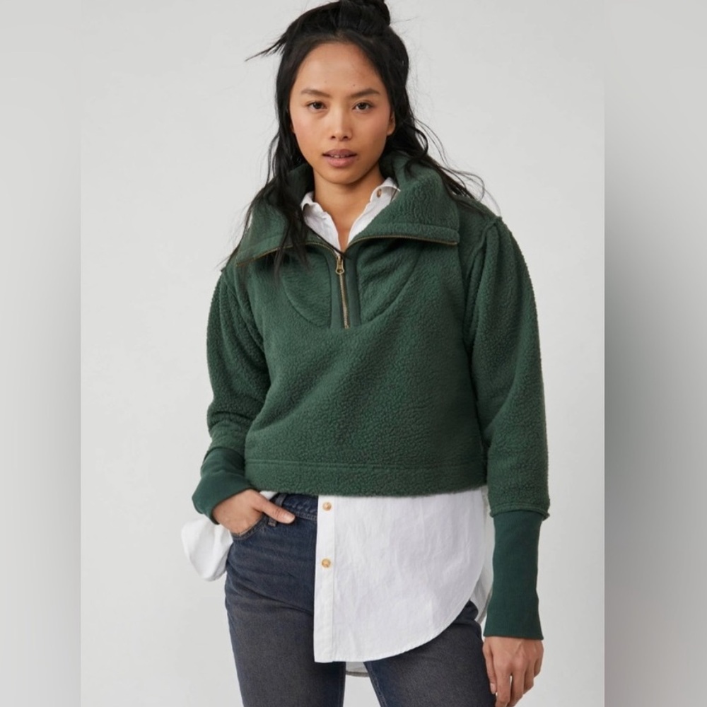 Free People Green Teddy Fleece Pullover with Half-Zip, NWT